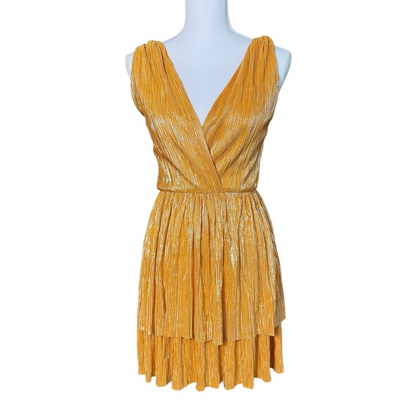 Sabina Musayev Alma Mandarin Orange Metallic Pleated Dress XS Made‎ in Israel